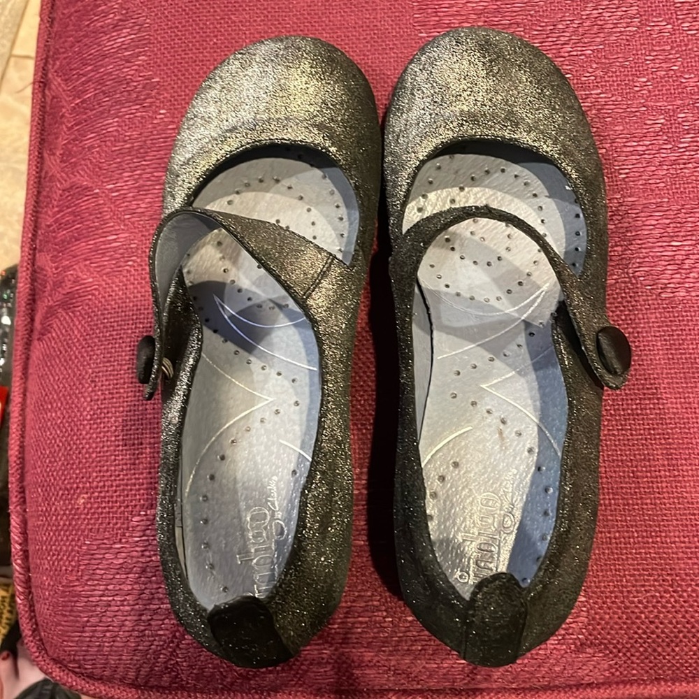 Indigo by Clark’s silver Mary Jane’s with an inch heel. Very comfortable
